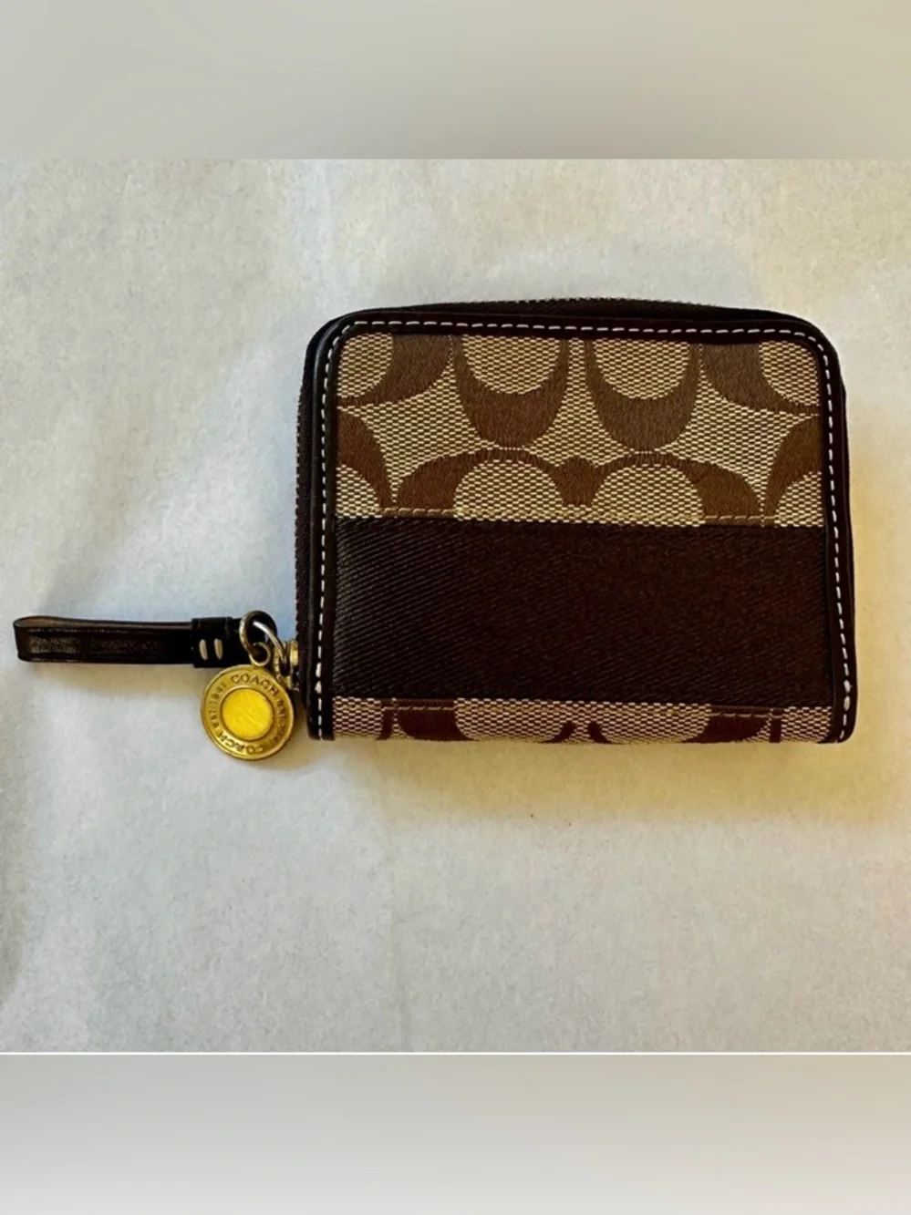 Coach Signature Stripe Zip Coin Wallet Card Case Brown Khaki Canvas Gold Charm
